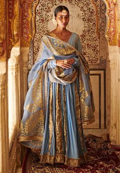 Powder Blue Angrakha With Churidar Nikkah Dress, Desi Clothes, Indian Dress, Indian Aesthetic, Desi Fashion, Indian Ethnic Wear, Silk Organza, Churidar, Pakistani Fashion