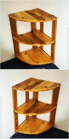 two pictures of the same wooden shelf with different shelves on each side, one is made out of wood and the other is made from pallets