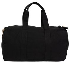 a black duffel bag is shown on a white background, with the handles down