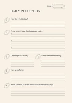 the daily reflection worksheet is shown in black and white, with text on it