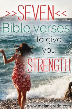 a girl running on the beach with text overlay saying seven bibleverses to give you strength