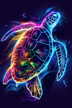 a neon turtle swimming in the ocean with blue, yellow and pink lights on it's back