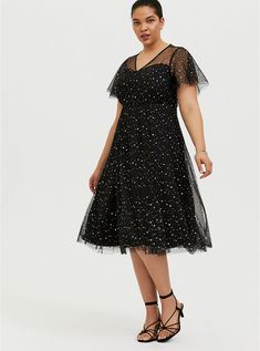 Plus Size - Special Occasion Black Mesh Iridescent Star Midi Dress - Torrid Satin Skater Dress, Iridescent Dress, Flare Shirt, Stars Pattern, Midi Ruffle Dress, Maxi Jersey Dress, Red Lace Dress, Black Tie Dye, Tiered Midi Dress