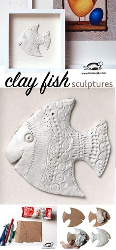 an image of clay fish sculptures in various stages of being made and then put together