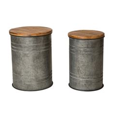 two metal canisters with wooden lids on each side, one has a wood top