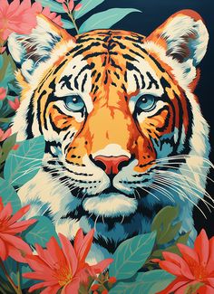 a painting of a tiger surrounded by flowers and leaves on a black background with blue eyes