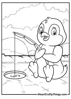 a cartoon penguin fishing on the water with a fish in it's mouth coloring page