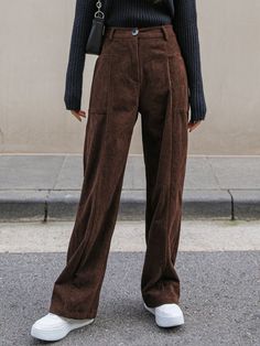 Chocolate Brown Casual   Corduroy Plain Straight Leg  Non-Stretch Fall/Winter Women Bottoms Courdaroy Pants Women, Courdory Pants Outfits Women, Cordrouy Pants Outfit Aesthetic, Brown Corduroy Trousers, Brown Straight Leg Pants Outfit, Courdoroy Pants Women, Corderoy Outfits Women, Codroy Pants Outfit, Coudroy Pants Outfit Women