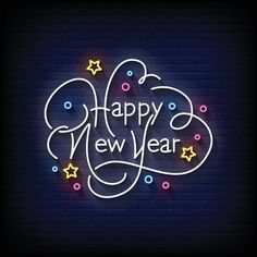 happy new year neon sign on brick wall with stars in the corner and lettering below it