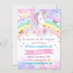 a unicorn birthday party card with pink, yellow and blue watercolors on it