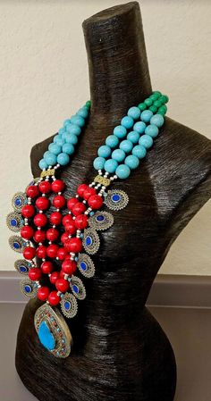 Since this is an older piece, I am open to considering reasonable best offers. Please email me. _____________________________________________________________________________________________ This stunning, jaw drop creation is from my private vault, and unworn. It is a big, bold, chunky and heavy beaded chest piece comprised of red, blue and green magnesite round beads with shiny silver tone metal balls. 12 lapis lazuli fancy filigree charms are suspended from the outer most strand and a blue and Luxury Statement Beads, Gems, And Cabochons, Beaded Jewelry For Rituals And Festivals, Traditional Beaded Necklaces With Colorful Beads For Festival, Artisan Beaded Jewelry For Festivals, Artisan Beaded Jewelry For Festival, Traditional Handmade Turquoise Beaded Necklaces, Traditional Colorful Beaded Necklaces For Festivals, Artisan Blue Beaded Necklaces For Festivals, Traditional Festival Beaded Necklaces