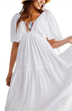 Free People La La Tiered Flutter Sleeve Maxi Dress | Nordstrom V-neck Tiered Dress With Ruffle Hem For Beach, White V-neck Tiered Dress For Summer, Breezy V-neck Dress With Ruffle Hem, Short Sleeve Tiered Dress With Ruffle Hem For Beach, Summer V-neck Tiered Dress, Flowy V-neck Tiered Beach Dress, Flowy Tiered V-neck Dress With Ruffle Hem, Flowy Ruffle Sleeve Tiered Vacation Dress, Flowy V-neck Tiered Dress For Beach