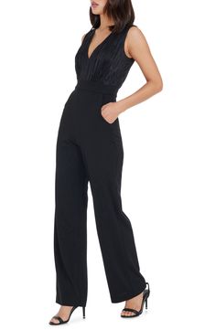 Go for one, done and stun in a night-out jumpsuit designed with a deeply dipped neckline and a pair of handy pockets. 59" length; 31" inseam; 21" leg opening (size Medium) Deep V-neck Sleeveless Side-seam pockets Lined bodice 100% polyester Hand wash, dry flat Imported Glamorous Black Jumpsuits And Rompers For Formal Occasions, Glamorous Black Formal Jumpsuits And Rompers, Chic Black Strapless Jumpsuit For Cocktail, Strapless Jumpsuit For Evening, Sleek Black Jumpsuits And Rompers For Party, Sleek Black Jumpsuits For Night Out, Glamorous Strapless Sleeveless Black Jumpsuit, Black Glamorous Strapless Jumpsuit, Glamorous Black Strapless Jumpsuit