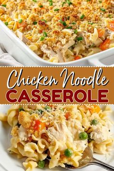 this chicken noodle casserole is loaded with noodles and vegetables it's ready to be eaten