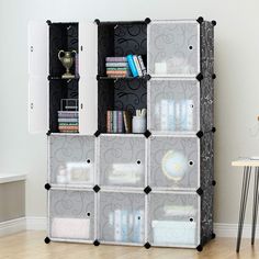 PRICES MAY VARY. Excellent Design: This modular shelving made up of translucent white doors and black panels with curly patterned, simple design can match any house decoration style. With door magnets and door connector, you can close the wardrobe door tightly and more easily to open. Environmentally Friendly: PP plastic panel, plastic connector all make from eco-friendly material, chemical-free, safe to your family ,and it is strong enough to handle whatever you throw at it. this portable stora Wardrobe Cabinet Bedroom, Plastic Wardrobe, Diy Cube Storage, Armoire Diy, Closet Storage Cabinets, Portable Shelves, Portable Wardrobe Closet, Organizer Clothes, Minimalist Nightstand