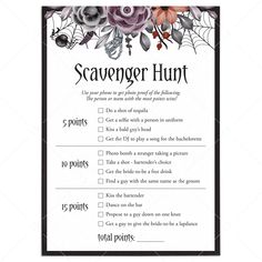 Halloween Bachelorette Party Activity Scavenger Hunt Printable by LittleSizzle Bridal Shower Scavenger Hunt, Moody Floral Arrangements, Bachelorette Party Games Scavenger Hunt, Bachelorette Party Scavenger Hunt, Party Scavenger Hunt, Halloween Bachelorette Party, Bachelorette Scavenger Hunt, Bachelorette Party Activities, Scavenger Hunt Printable