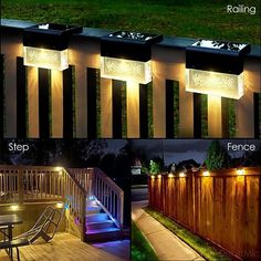 four different types of lights on the side of a wooden fence at night and in front of a deck