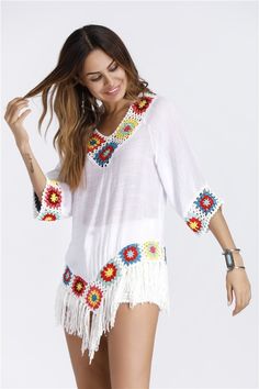 Buy More, SAVE More!

Sleeve length: half


Size: free


Collar: V-NECK


Fabric: Polyester



	
		
			Size(cm)
			Length
			Sleeve
			Bust
			Waist
		
		
			Free
			70
			39
			102
			104 Casual Multicolor V-neck Tunic, Casual White Cover-up With Crochet Trim, Casual Multicolor V-neck Cover-up, Casual V-neck Crochet Top For Beach, Bohemian White V-neck Cover-up, Multicolor V-neck Crochet Top For Summer, Casual V-neck Festival Cover-up, Bohemian Cotton Crochet V-neck Top, White Crochet Bohemian Cover-up