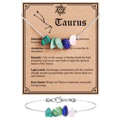 PRICES MAY VARY. ♉Taurus(4.20-5.20): Crystals specially selected for Taurus, maximizing natural talents and balance. The Taurus necklace and bracelet includes Malachite, Aventurine, Emerald, Lapis Lazuli, Rose Quartz. Please refer to the card to reveal how each stone works with Taurus energy 💝Size & Material: 16 ''(2'' extended adjustable chain) with lobster clasp; Zodiac necklace can be adjusted to fit most people. Material: Zodiac Sign Choker Necklace and Bracelet made of natural raw crystals Crystals For Taurus, Aquarius Crystals, Lightworker Spirituality, Crystals Zodiac, Taurus Energy, Taurus Necklace, Taurus Women, Astrology Jewelry, Crystals Necklace