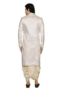 Cream sherwani featuring floral thread embroidery in diagonal stripe pattern. Paired with a solid dhoti. - Aza Fashions Festive Sherwani With Traditional Fit And Drape, Traditional Sherwani For Festive Occasions, Traditional Fit Sherwani For Festive Occasions, Diwali Reception Traditional Wear Straight Kurta, Festive Traditional Wear With Traditional Fit And Drape, Traditional Fit Bollywood Sherwani With Pallu, Traditional Fit Sherwani For Festive Transitional Season, Traditional Drape Churidar For Diwali Reception, Traditional Cutdana Kurta For Reception