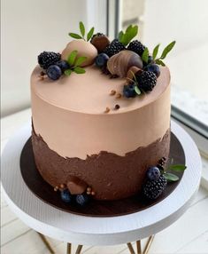 a chocolate cake topped with berries and blackberries on top of a white table next to a window