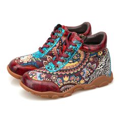 Casual Handmade Leather Boots, Handmade Casual Leather Boots, Handmade Leather Casual Boots, Multicolor Leather Boots, Multicolor Leather Boots With Rubber Sole, Bohemian Red Leather Boots, Multicolor Leather Shoes With Round Toe, Multicolor Leather Shoes With Round Toe And Leather Sole, Center Of Attention