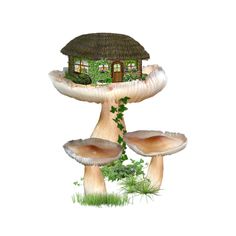 a mushroom house sits on top of three mushrooms