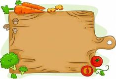 a wooden sign with carrots, broccoli and tomatoes next to it on a white background