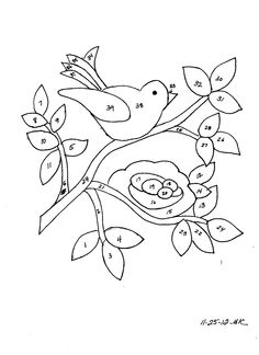 a bird on a branch with leaves and numbers coloring pages for kids to color by numbers