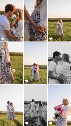 a collage of people standing in a field holding flowers and kissing each other with hearts on them