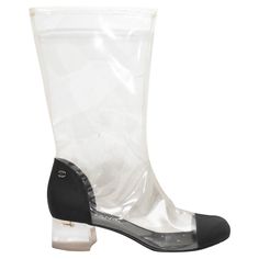 Clear PVC and black grosgrain cap-toe boots by Chanel. Circa 2018. Lucite block heels. 11" shaft height, 1.75" heel height. Cap Toe Boots, Toe Boots, Block Heels, Heel Height, Chanel, Fashion Accessories, Heels, Boots, Black