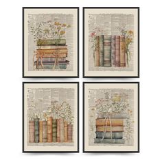 four framed books with flowers on them