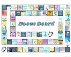 a board game with the words booze board written in blue and pink on it