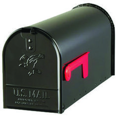 a black mailbox with the letter m on it's front and red light at the top