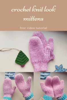 crochet knitted mittens are shown with text that reads, free video pattern