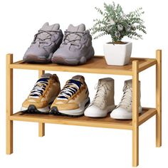 three pairs of shoes are sitting on a wooden shelf next to a potted plant