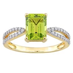 Featuring an emerald-cut peridot center stone accented with shimmering diamonds, this 14k gold Stella Grace engagement ring is a beautiful symbol of your love. Featuring an emerald-cut peridot center stone accented with shimmering diamonds, this 14k gold Stella Grace engagement ring is a beautiful symbol of your love. Metal: 14k gold Packaging: boxed Width: 8.6 mm Finish: polishedSTONE DETAILS Stone type: peridot Total weight: 1 5/8 ct. Center stone size: 8 mm x 6 mm Shape: octagon Setting: pron Fine Jewelry Green Radiant Cut Diamond Ring, Green Radiant Cut Diamond Ring Fine Jewelry, Green Radiant Cut Diamond Ring, Fine Jewelry Lime Green Diamond, Fine Jewelry With Lime Green Diamond, Green Diamond Ring With Diamond Accents, Green Emerald Cut Birthstone Ring With Accent Stones, Green Radiant Cut Diamond Ring With Gemstone, Green Diamond Rings With Pave Setting