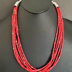 Sterling Silver Multi Strand Red Coral Bead Necklace 22 Inch Red Necklaces With Silver Beads, Red Multi-strand Jewelry With Polished Beads, Elegant Red Beaded Necklace With Silver Beads, Red Beaded Necklace With Silver Beads, Elegant Red And Silver Beads, Coral Beads Necklace, Coral Beads, Red Coral, Multi Strand