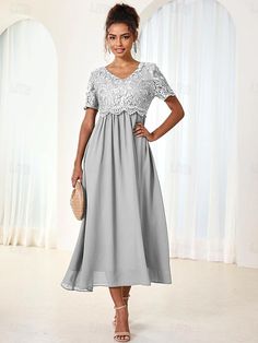 Women's Wedding Guest Cocktail Dress Maxi Dress Contrast Lace Party Elegant Formal V Neck Short Sleeve Pink Green Gray Color 2024 - $41.99 Formal V-neck Dress With Lace Bodice, Holiday Bridesmaid V-neck Dress, A-line Lace Patchwork Dress For Banquet, V-neck Lace Patchwork Dress For Prom, Holiday Wedding A-line Midi Dress, Summer A-line Mother Of The Bride Dress, Elegant Fitted Chiffon Lace Dress, Spring Wedding Evening Dress With Lace Patchwork, Chiffon Midi Dress For Banquets