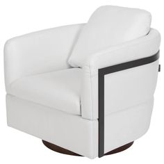 a white recliner chair with black trim around the armrests and foot rest