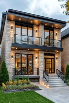 a modern home with stone and glass exterior