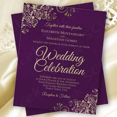 the wedding card is purple and gold