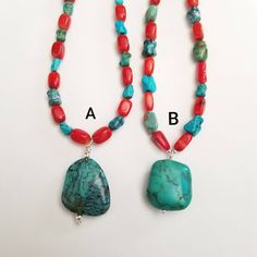 "This beautiful high quality natural turquoise and bright red bamboo coral is is hang- strung by me with 925 sterling Silver. Southwestern looking! Turquoise will go with any outfit and will look amazing on you or as a gift. Length necklace A: 17 inches lobster clasp included. Length necklace B: 18 inches lobster clasp included Pendant: 1\" high Width: 1/15\" almost 1\" please message me if you would like it longer or shorter. Up to 20\" no additional cost. Findings: Sterling Silver. Stones: Nat Bohemian Red Turquoise Single Strand Necklace, Bohemian Turquoise Necklace With Red Coral For Gift, Bohemian Turquoise And Red Coral Necklace, Red Southwestern Turquoise Necklace For Gift, Turquoise Pendant Necklace, Nugget Necklace, Genuine Turquoise, Natural Turquoise, Turquoise Pendant