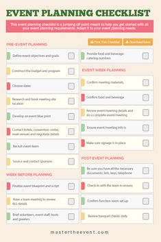 the event planning checklist is shown in red and green, with text on it
