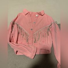 Women’s Pink Jean Jacket. With Sparkly Tassling. Never Worn Brand New Still Has Tags Casual Long Sleeve Cropped Jacket For Party, Trendy Cropped Jacket For Spring Party, Casual Cropped Jacket For Spring Party, Casual Spring Cropped Jacket For Party, Pink Jean Jacket, Blue Jean Jacket, Pink Jeans, Jean Jackets, Jean Coat