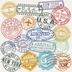 stamps with the words new york, usa written in different colors and sizes on them