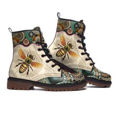 Bee Vintage Mandala Martin Boots Short Leather Boots All Over Print Shoes Fashion Special Gift. Stride with confidence in these sleek sneakers, boasting a striking dinosaur print with floral touches for a unique spin on classic footwear.". #special gift #Shoes #Amarrado Bee Vintage, Short Leather Boots, Print Shoes, Queen Bee, Soft Textiles, Martin Boots, Trendy Sneakers, Poly Bags, Shoe Print