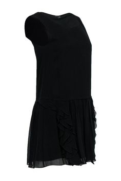 A fashion staple is given a whimsical makeover with this soft frock from Theory! The iconic LBD is upgraded with an adorable ruffled skirt in a drop waist silhouette. A must-have for fashionistas with timeless taste. Add some glitz with sparkly heels and a matching crossbody and you'll be all set for your next swanky soiree or cocktail party. Size 2 Shell: 100% Silk Lining: 95% Polyester, 5% Spandex Pullover Lined Drop waist silhouette Round neckline Sleeveless Ruffles on front of skirt Bust 32" Elegant Skirted Dress With Ruffles, Party Dress With Pleated Waist And Tiered Skirt, Ruffled Mini Dress For Party, Tiered Skirt Dress With Pleated Waist For Party, Skirted Mini Dress With Ruffles For Party, Black Ruffled Flowy Dress, Black Flowy Ruffled Dress, Black Dress With Ruffles And Flowy Skirt, Black Skirted Dress With Ruffles