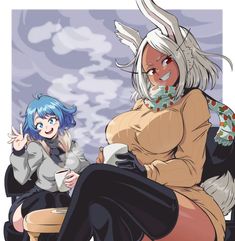 two anime characters sitting next to each other in front of a cloudy sky and one holding a cup