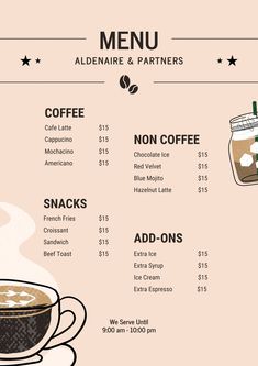 a menu with coffee and drinks on it